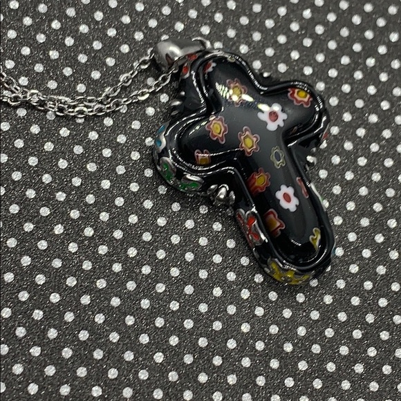 Black Murano Style Enameled Cross Pendant Necklace - Picture 4 of 5